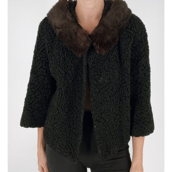 Vintage Fur Trim Black Pattern Winter Cape Size Small - Picture 2 of 6